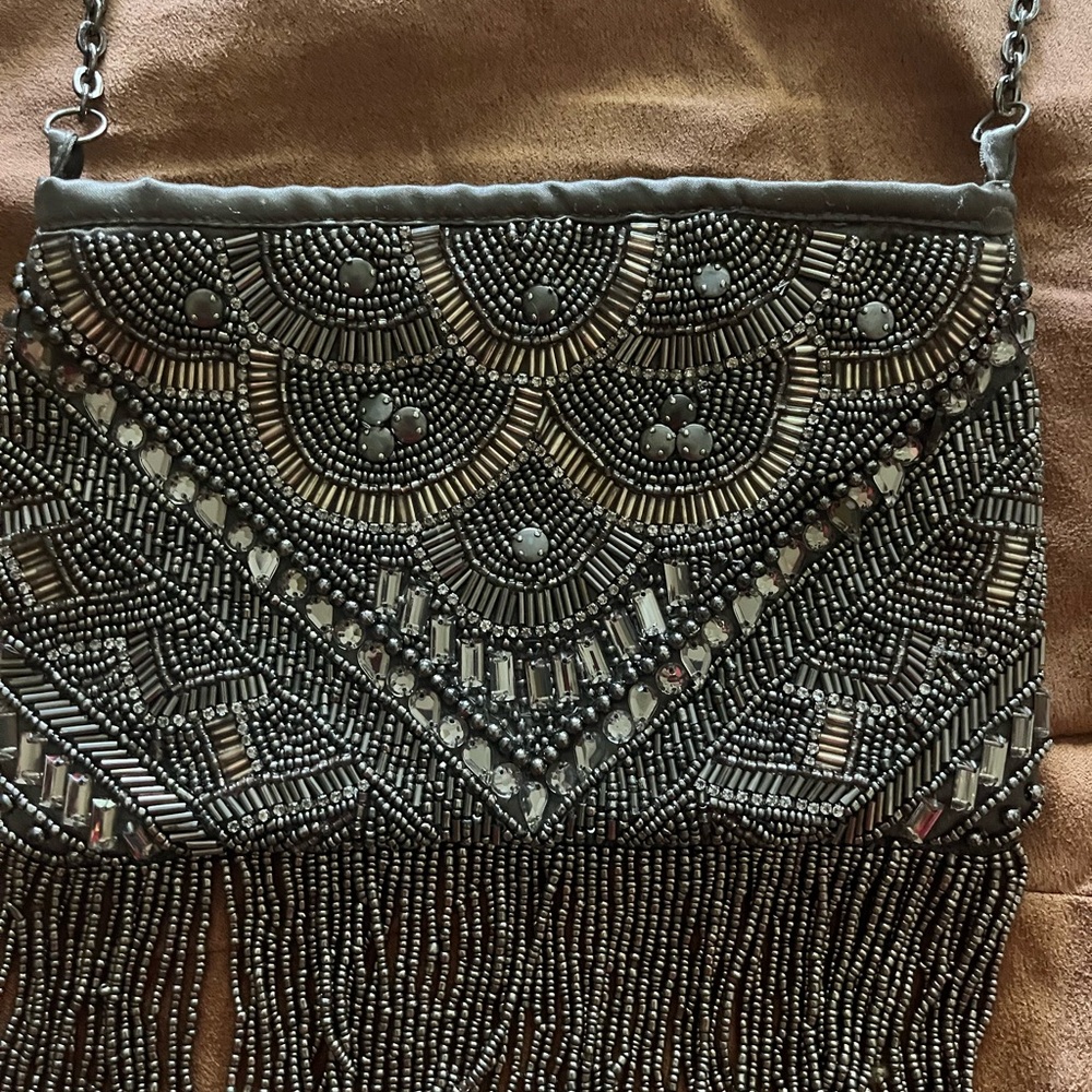 NWOT Chico’s beaded silver purse with fringe and chain strap